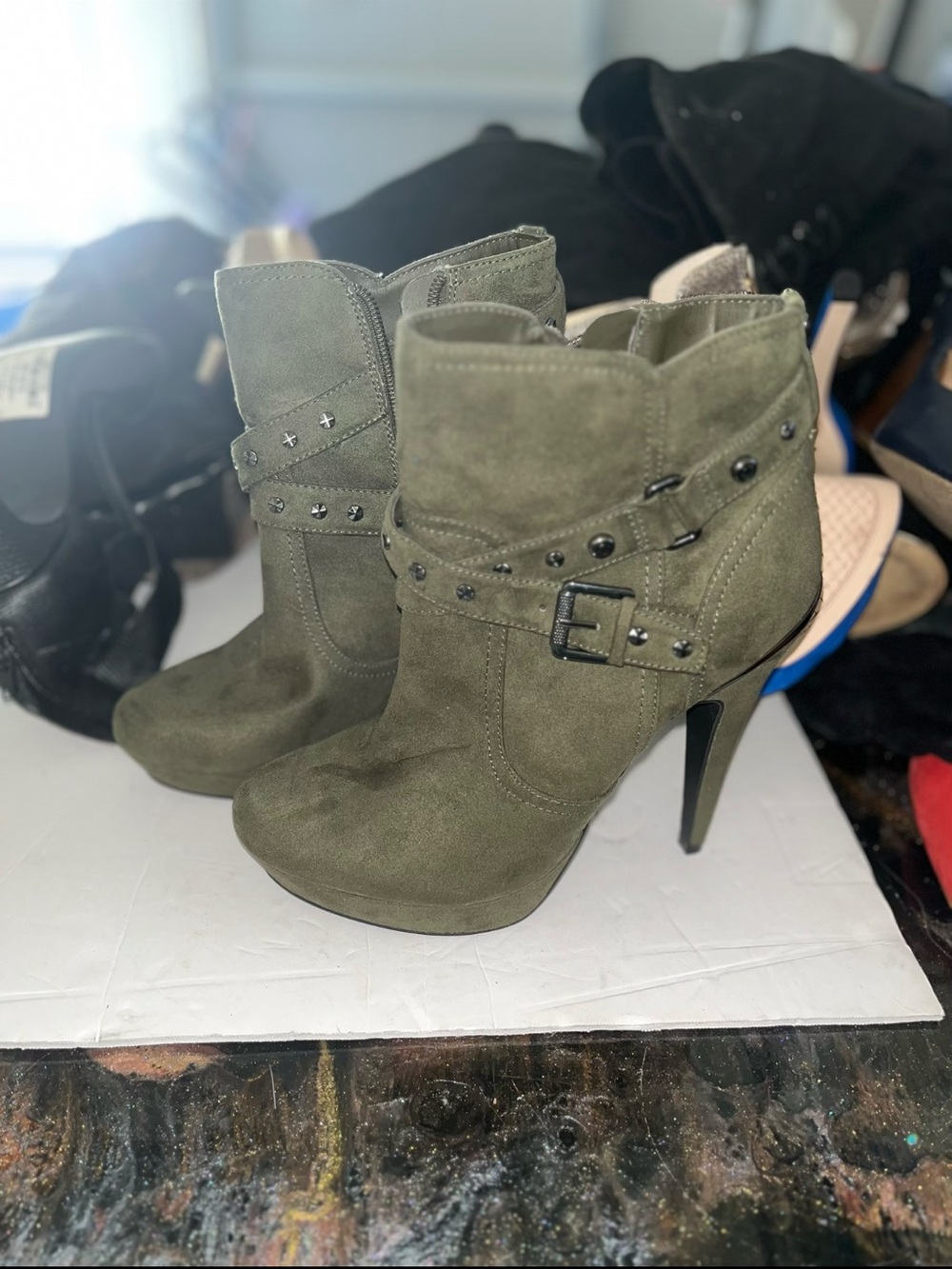 Guess Olive Suede Studded High-Heel Ankle Boots